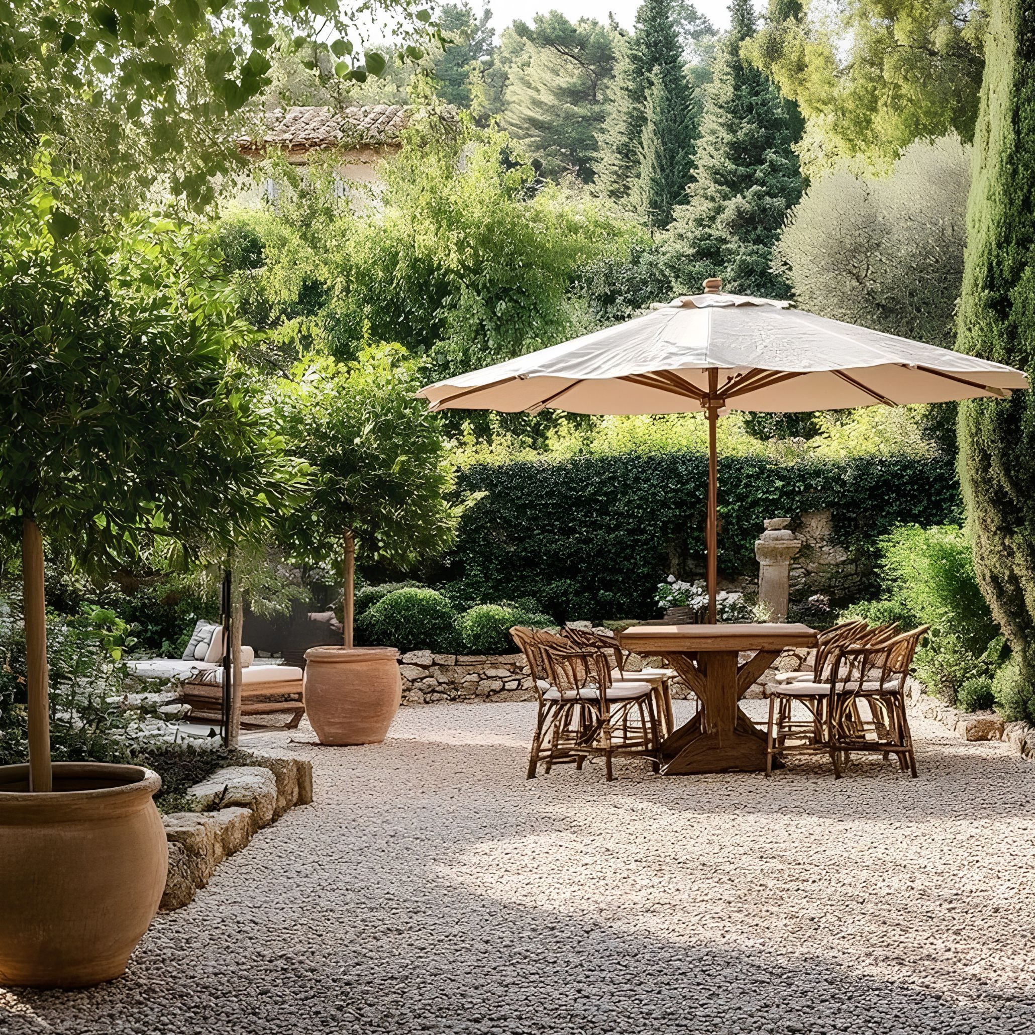 A rattan dining table and chairs shaded by a large umbrella on a gravel terrace, framed by cypress trees and terracotta pots, an example of outdoor furniture shaping a garden into a Mediterranean outdoor dining room.