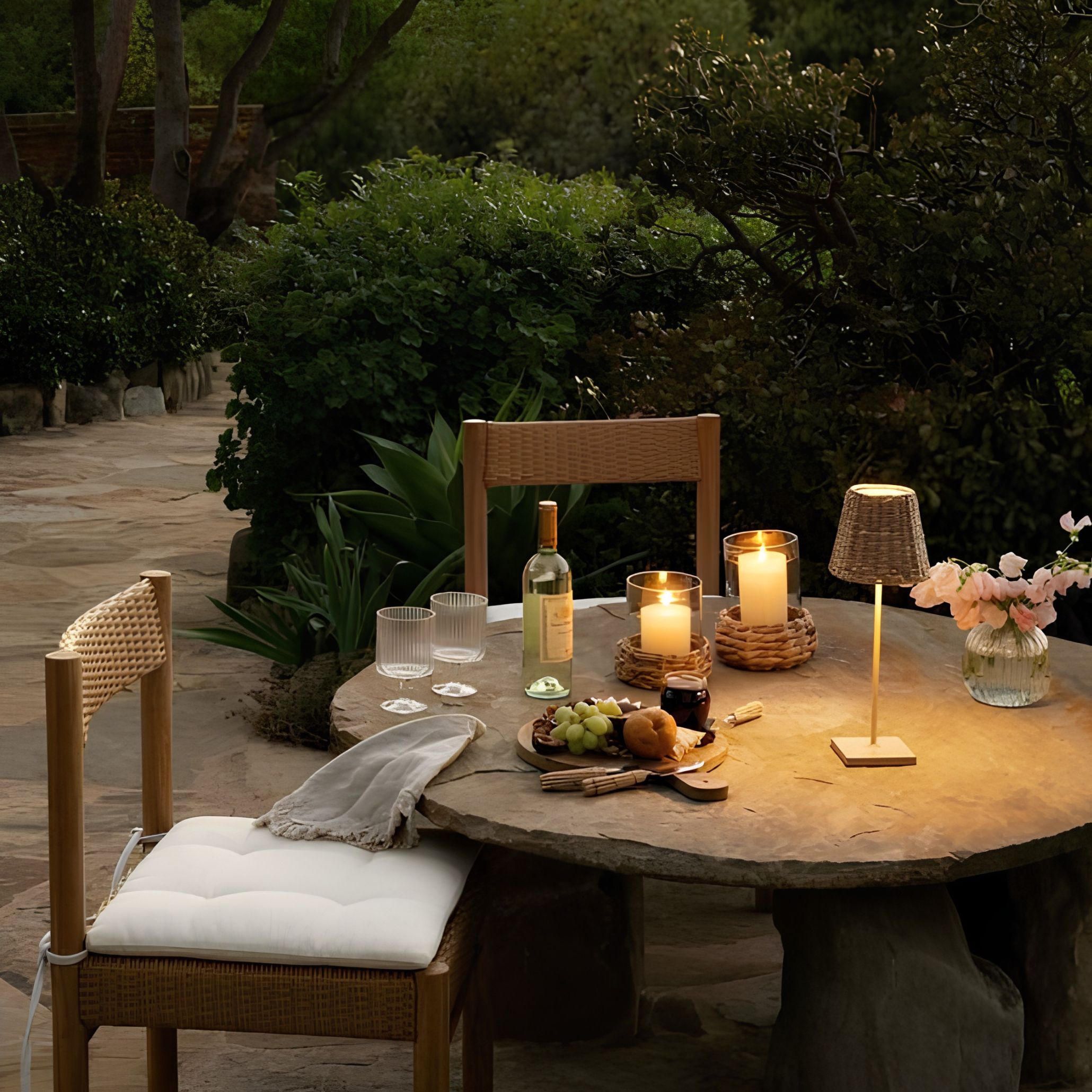 A round stone table set with candles, a woven rattan lamp and a simple cheese board at dusk, framed by garden greenery, an intimate outdoor dining scene lit for a long summer evening.