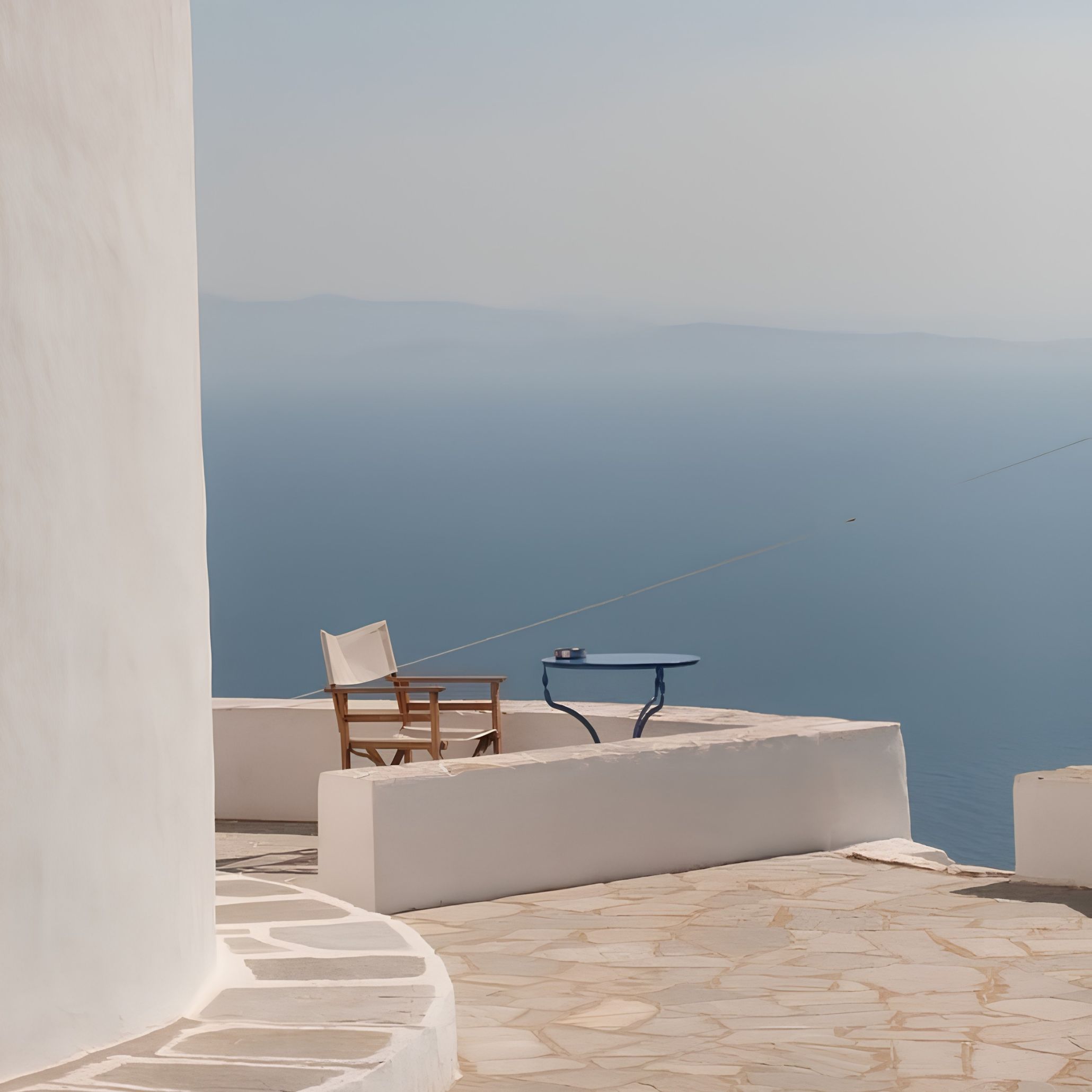 A whitewashed terrace overlooking the Aegean Sea, furnished with a wooden director's chair and a small round blue metal table, capturing house goals worthy rustic greek simplicity and the calm of Mediterranean Interior design.
