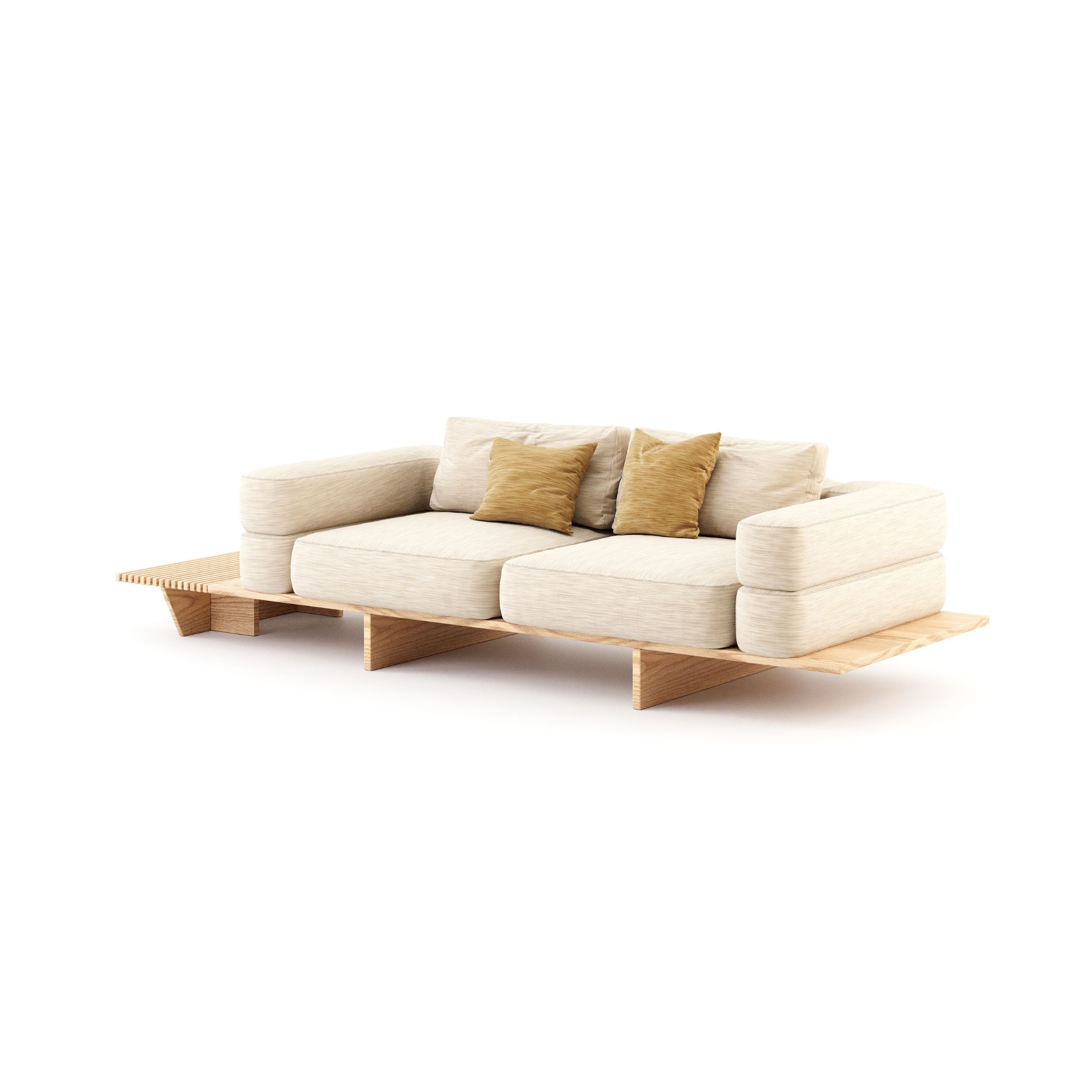 The Ripa sofa with a solid oak platform base and linen upholstery in ivory, dressed with mustard velvet cushions, reflecting the tactile simplicity and wood texture central to luxury living room furniture in Mediterranean Interior design.