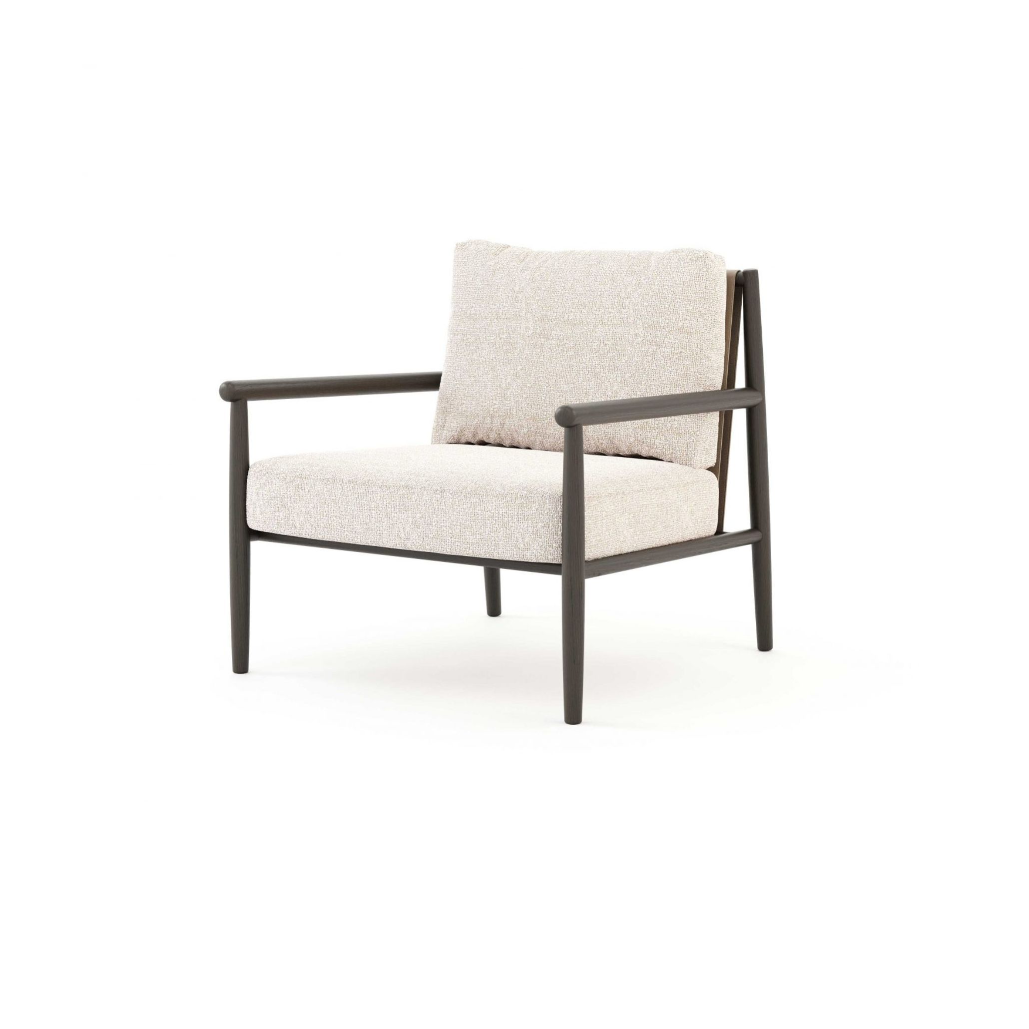 The Landform Armchair in dark stained wood with bouclé upholstery, its welcoming form and tactile finish reflecting the softness and simplicity of luxury living room furniture in Mediterranean Interior design.