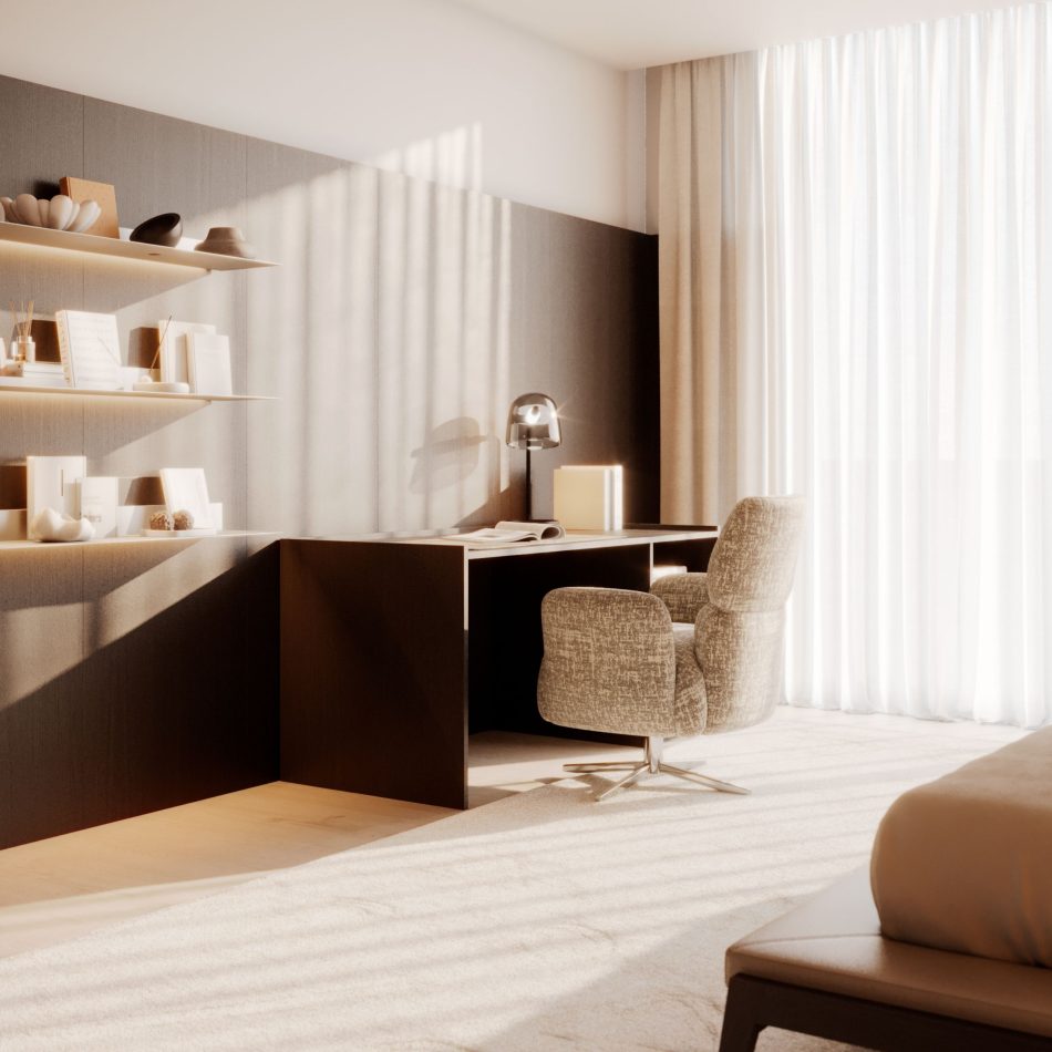 A calm home office where the Terra Desk stands as the focal point, its warm wood presence shaping the space with understated elegance and a quiet sense of luxury furniture craft.