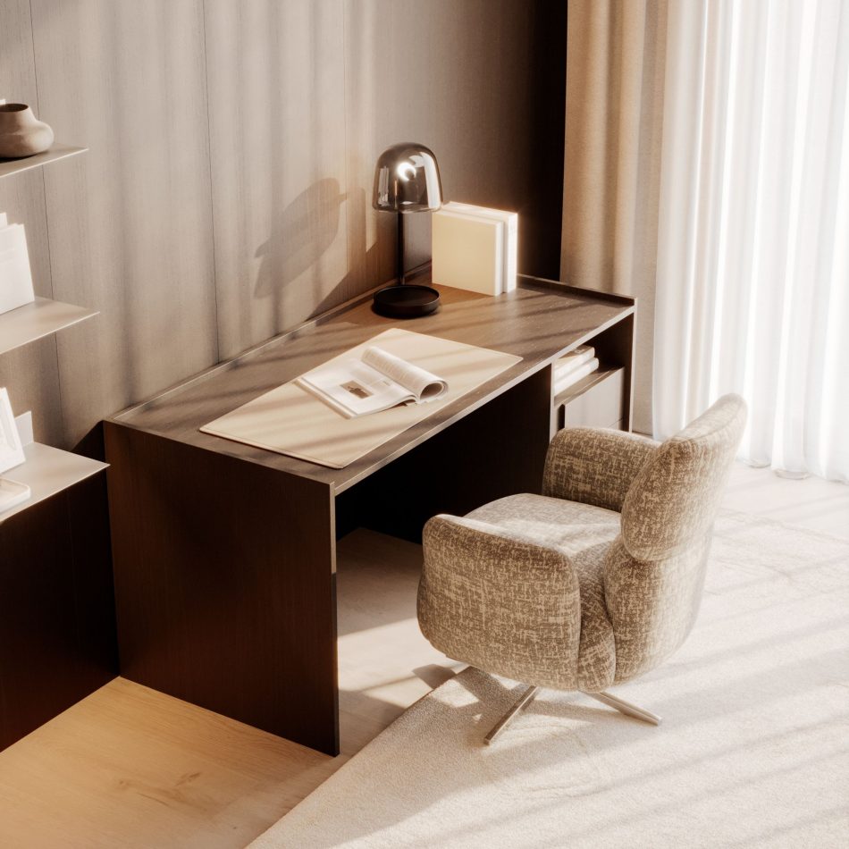 Soft daylight fills a minimalist workspace, highlighting the Terra Desk’s dark wood surface and thoughtful details, blending naturally into a refined piece of office furniture.