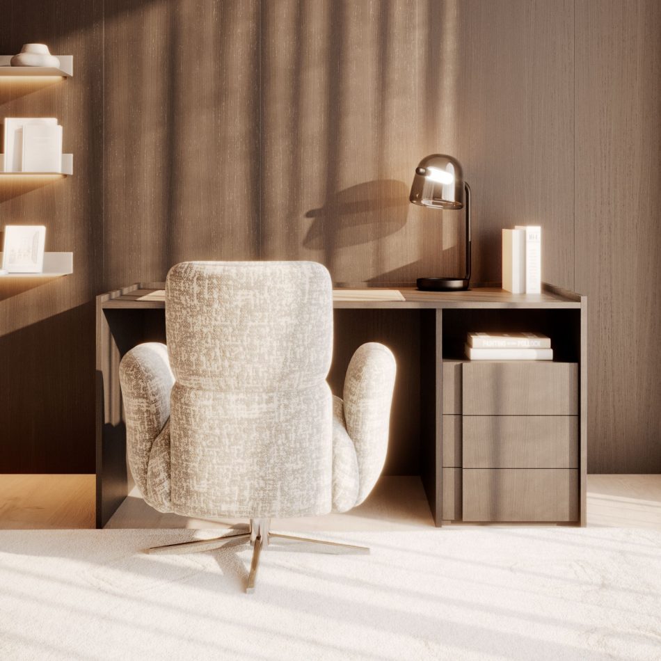 Warm light shapes a modern study where the Terra Desk’s solid wood drawers and clean geometry define the room, offering a quiet expression of bespoke furniture craftsmanship.