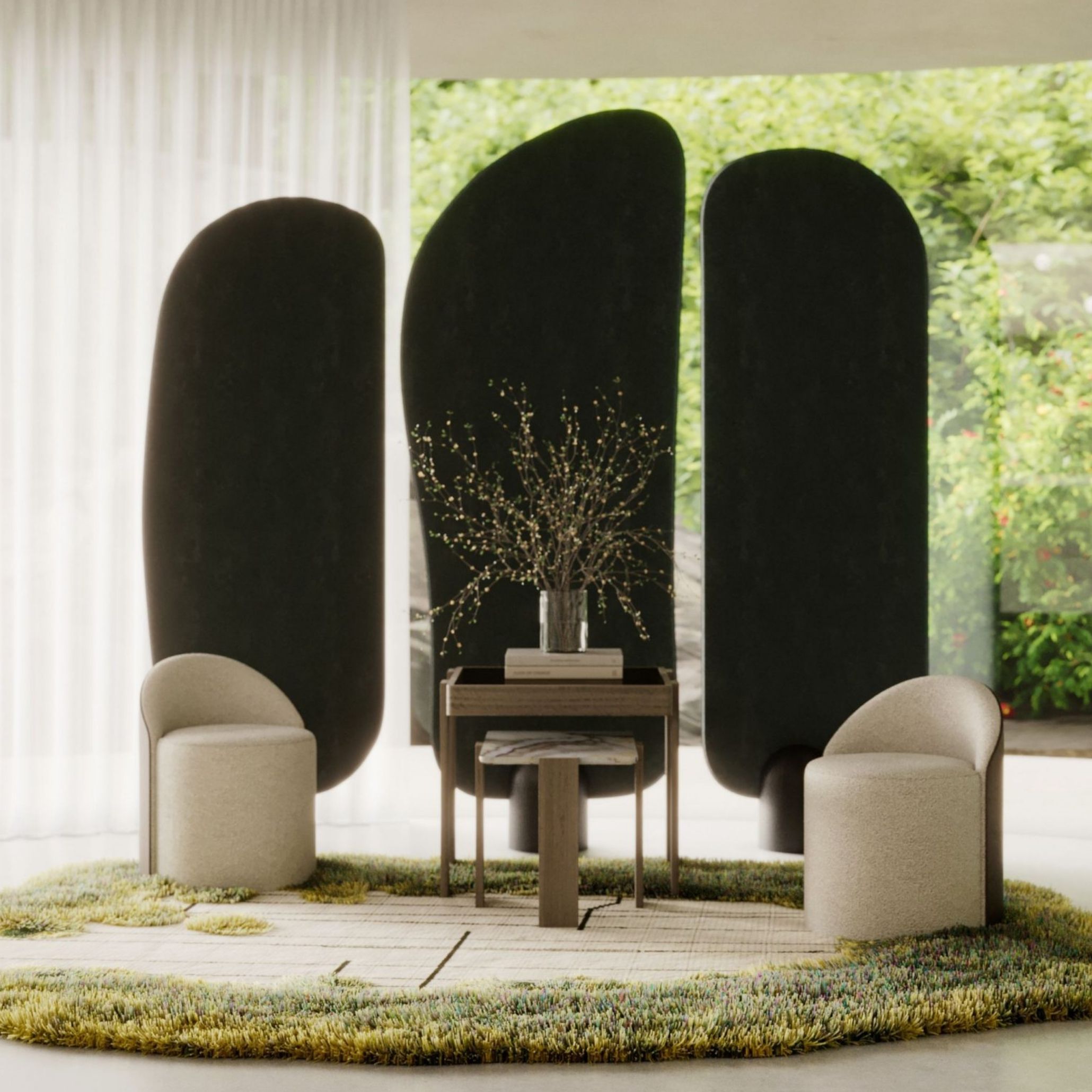 A striking indoor-outdoor lounge setting with three tall, curved dark panels rising like sculptural backdrops behind a pair of Elis Stools in ivory bouclé, arranged around a low wood side table with a nested marble stool and a vase of flowering branches. Set on a textured green and cream rug beneath sheer curtains, the space captures the same intentional, purposeful styling found in minimalist interior design inspiration, where every piece of luxury living room furniture earns its place through form and function rather than decoration.