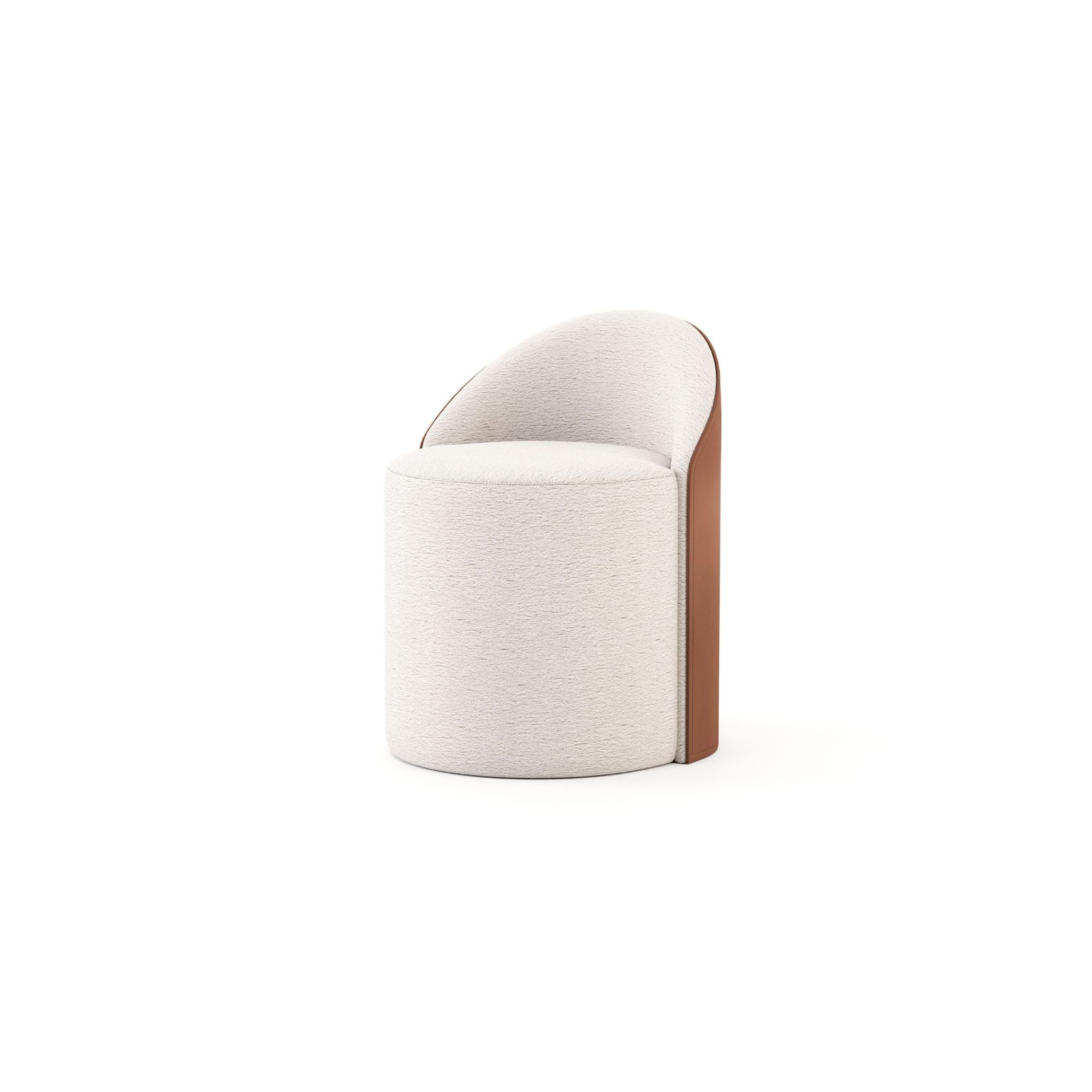 The Elis Stool shown alone, its rounded ivory bouclé seat and curved backrest paired with a tan leather-finished exterior panel. The compact, restrained silhouette reflects the quiet versatility of well-considered luxury home furniture, suited equally as accent seating or a functional addition within flexible, open-plan living room design.