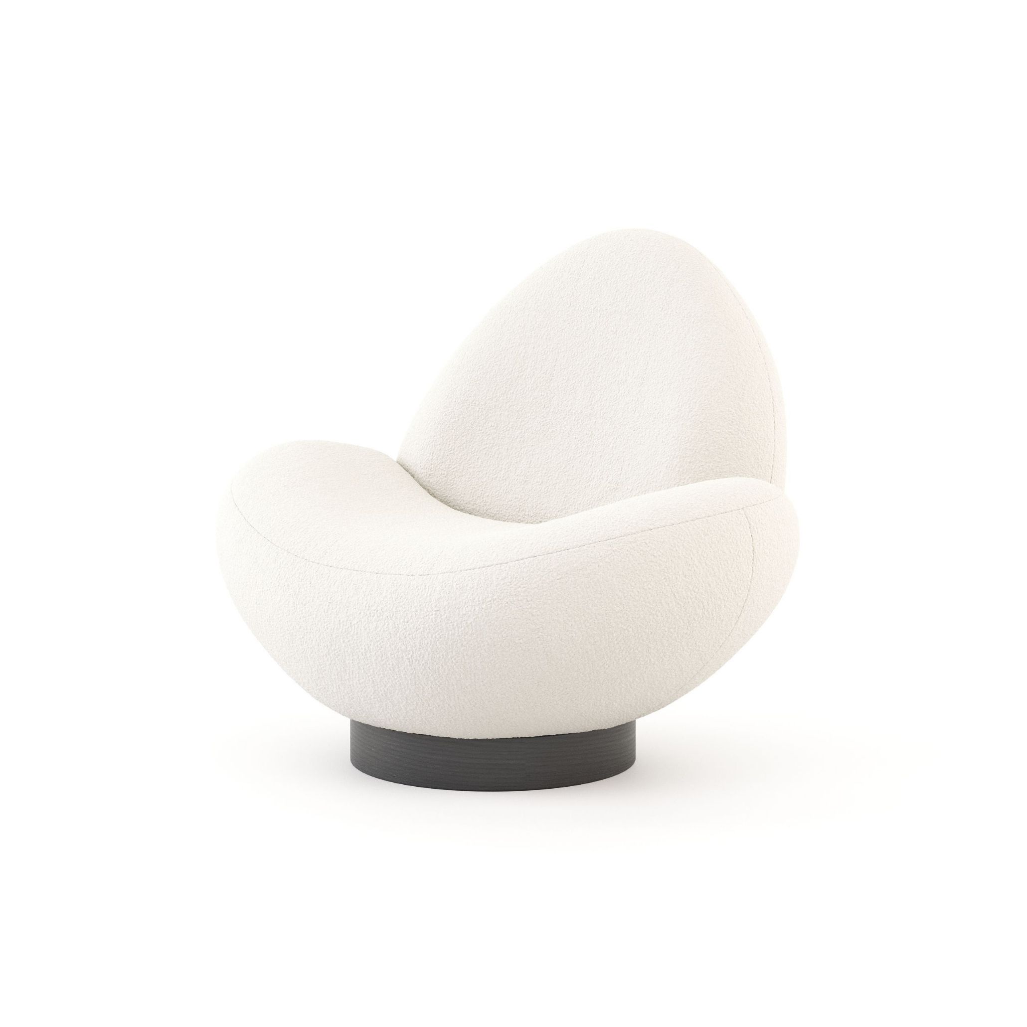 The Stone Armchair in bouclé, its rounded, egg-like silhouette resting on a dark cylindrical base. The soft, continuous curve of the piece reflects the fluid, architectural profile that defines contemporary luxury living room furniture, bringing gentle movement into a space without disrupting its visual calm.