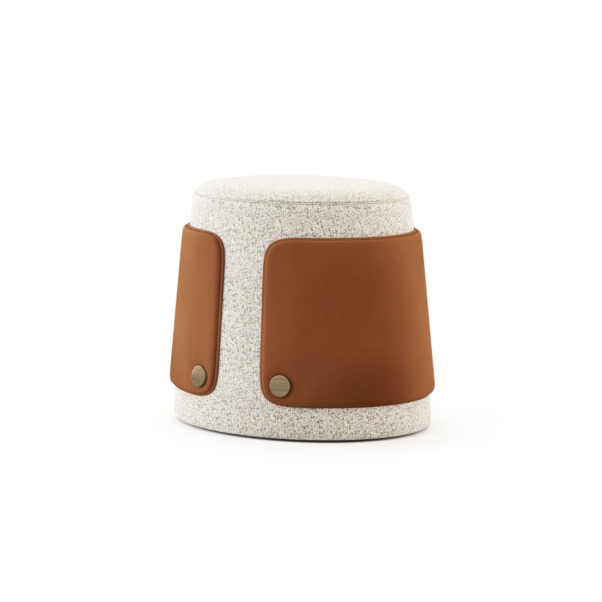 The Dolomites Stool shown in an bouclé finish with tan leather panels secured by bronze button details on either side. The layered mix of textures and rounded, drum-like shape highlight the piece's craftsmanship and tactile quality, a considered addition to luxury home furniture built around materiality rather than ornament.