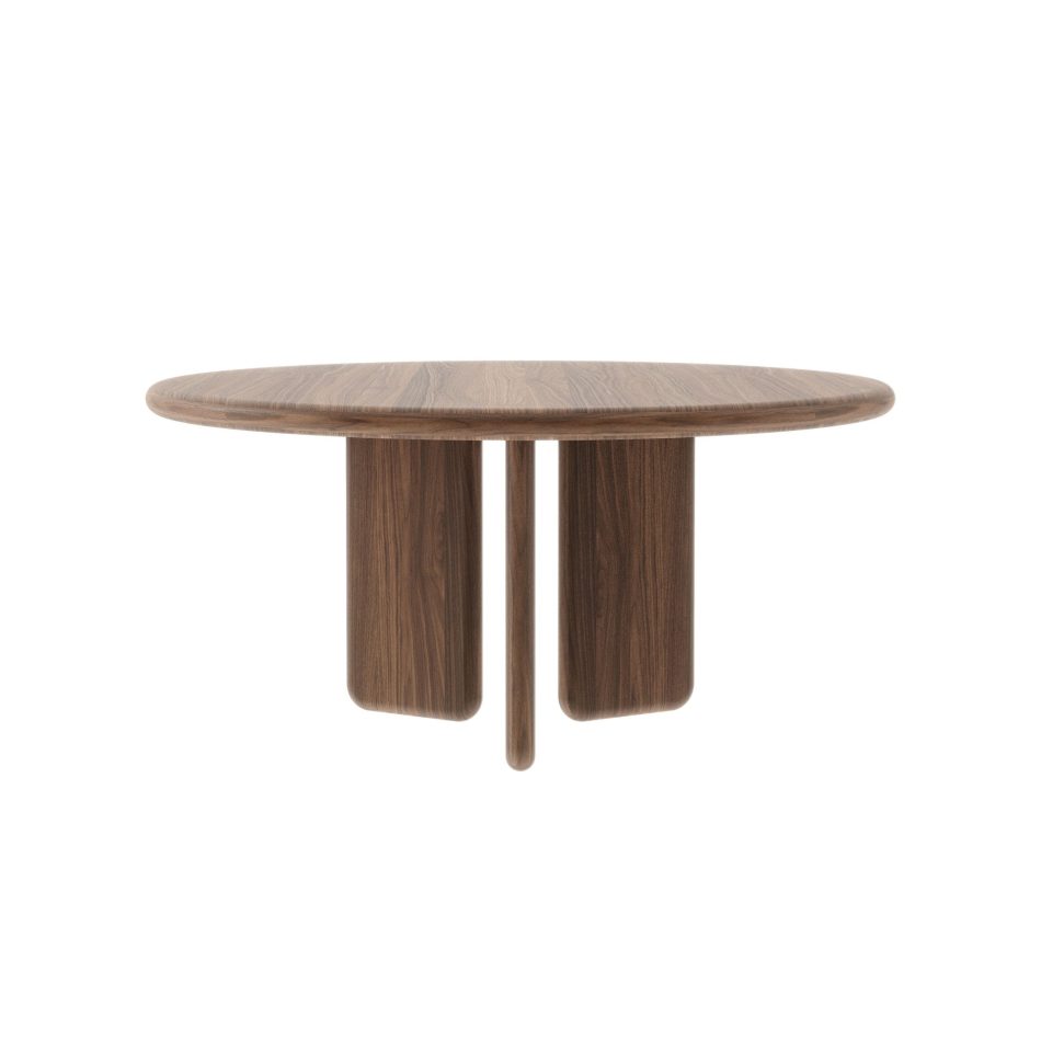Front view of the Foz Dining Table in Alba wood, its round tabletop resting on a sculptural three-part base of two broad curved panels and a slender central column. The rounded silhouette and rich walnut grain make it a striking piece of luxury dining table design, well suited to modern dining table settings that favour natural material over ornament.