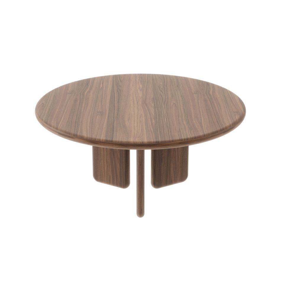 The Foz Dining Table, showing the full curve of its round top and the soft, organic volumes of its Alba wood base. The table's grain runs in warm, varied tones across the surface, offering a clear example of wood texture and contemporary dining table styling for a considered dining space.