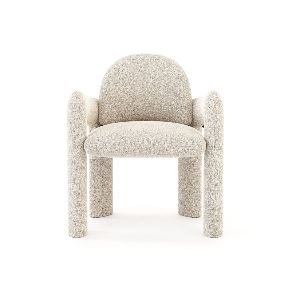 Front-facing view of the Stone Chair, showing its full symmetry: a tall, gently curved backrest set within two substantial armrests, all wrapped in soft textured bouclé, resting on four evenly spaced legs. Its considered proportions reflect thoughtful chair design, making it a strong fit for luxury home furniture collections and upscale interior settings.