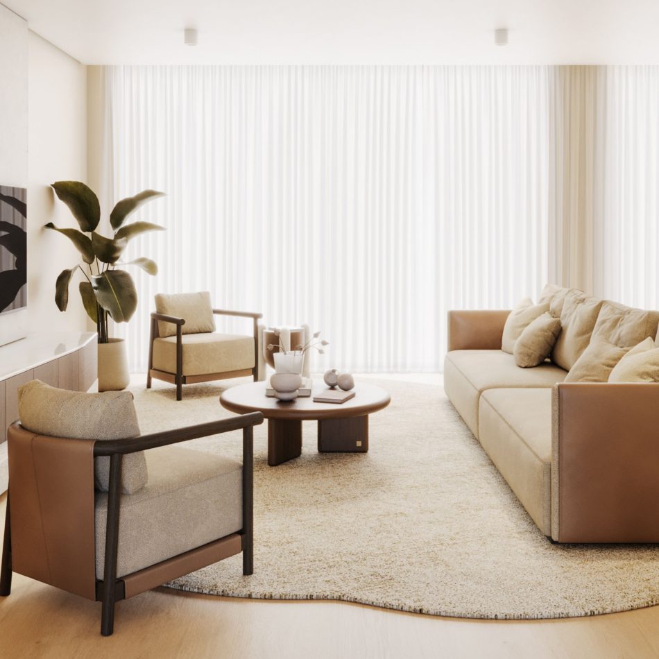 The Foz Coffee Table anchors a bright living room, its wooden surface styled with a teapot, cups, and small decorative pieces. A beige sofa and two armchairs frame the space, softened by sheer curtains and a tall green plant. The composition blends the warmth of luxury home furniture with the flow of living room design, touches of crafted modern furniture in the silhouettes, and quiet living room inspiration in the atmosphere.