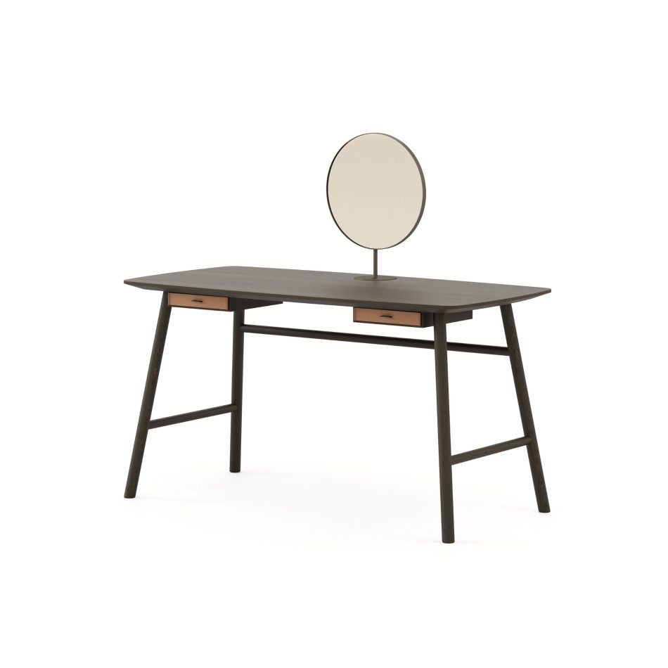 The Landform Dressing Table appears with soft lines and balanced proportions, its wooden structure holding two integrated drawers and a round mirror that rises lightly from the surface. The calm geometry brings clarity into the room, echoing the honesty of crafted bedroom furniture while introducing gentle design details that shape a quiet space for daily rituals. Its mid‑century influence blends naturally with modern luxury furniture, settling into interiors with a sense of warm interior design inspiration.