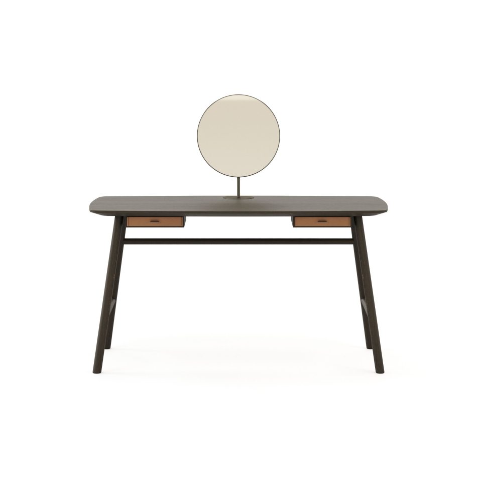The Landform Dressing Table is shown with a smooth wooden top, two light‑toned drawers, and a circular mirror that rises with simplicity. Its proportions feel intentional and serene, creating a space where function meets calm presence. The piece carries the warmth of crafted home furniture, subtle mid‑century geometry, and thoughtful design details that enrich modern luxury bedroom furniture while offering gentle interior design inspiration.