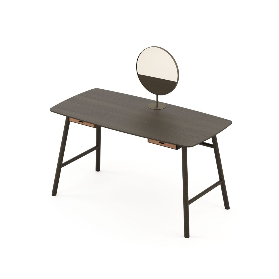 The Landform Dressing Table stands with a dark wooden top, tapered legs, and two integrated drawers that sit lightly beneath the surface. A round mirror completes the composition, bringing balance and clarity to the piece. Its quiet proportions reflect crafted modern furniture, soft mid‑century cues, and warm bedroom furniture, adding depth through subtle design details and a sense of calm interior design inspiration.