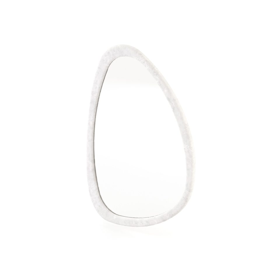 An organic, pebble shaped wall mirror finished in microconcrete, its raw textured frame echoing the soft form of a river stone smoothed over time. This mirror design brings a sense of calm and natural balance to any room, making it a striking addition to contemporary furniture collections and a lovely source of interior design inspiration for anyone drawn to minimalist design.