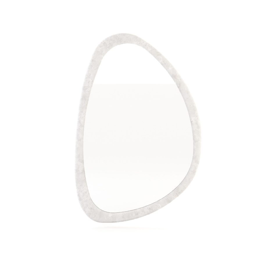 The organic shaped microconcrete mirror, capturing the subtle, hand formed unevenness of its edge and the way light plays across its textured surface. This mirror design for wall display offers a fresh take on interior design inspiration, suited to spaces that favour minimalist design and natural, sculptural forms.