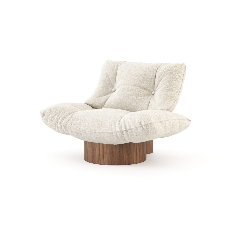 Antónia armchair featuring plush textured cushions set on a warm wood base, exemplifying modern furniture design and quality Portuguese craftsmanship.