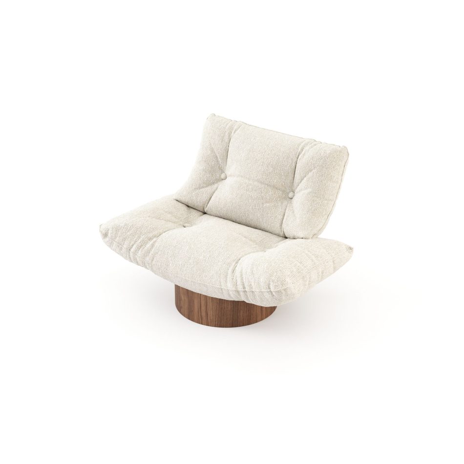 Tufted seat cushioning and design details on the cream Antónia armchair, a contemporary piece of luxury furniture.