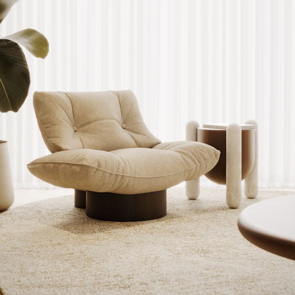 Antónia armchair styled on a textured rug next to a modern side table, showcasing minimalist design in a modern lounge setting.