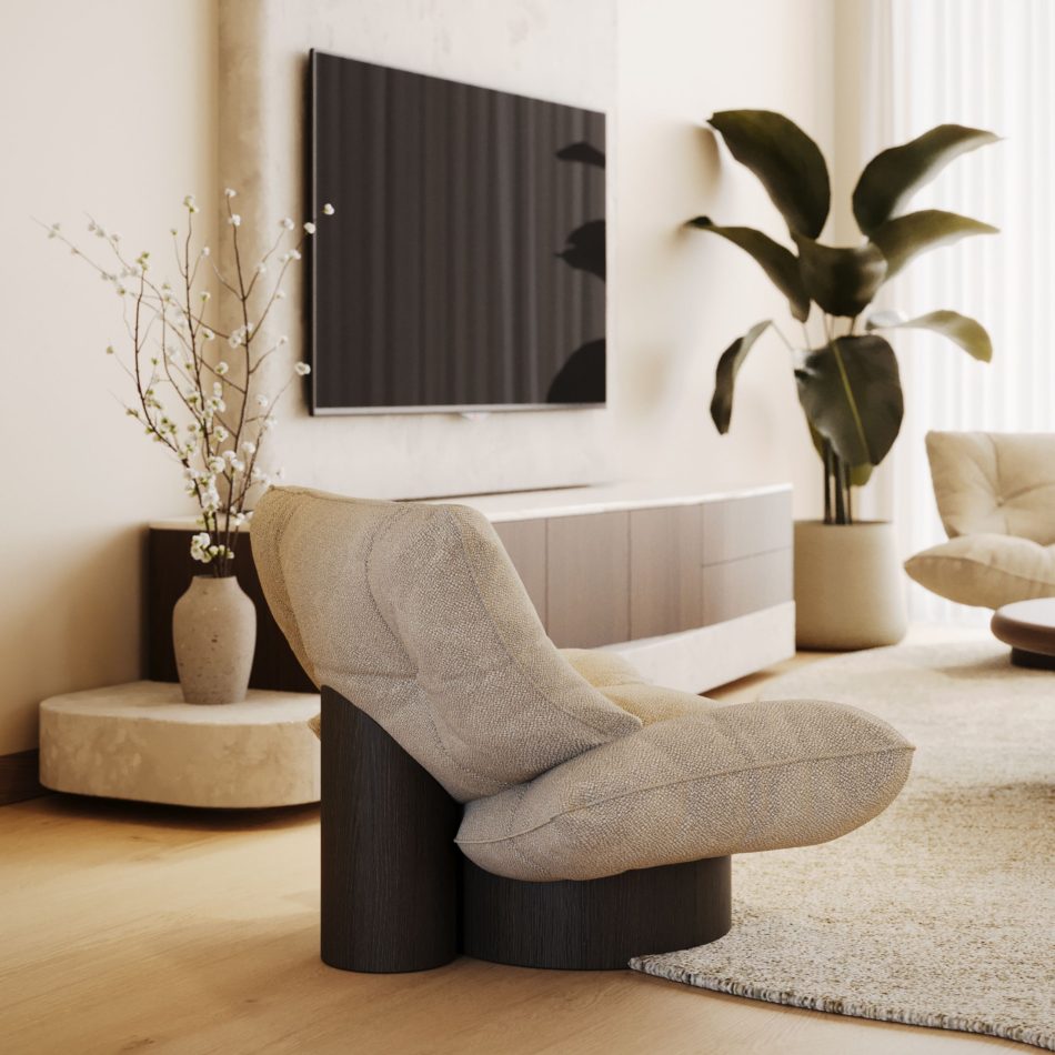 Antónia armchair with a dark wood pillar support in a bright living room, adding a contemporary feel to luxury furniture arrangements.