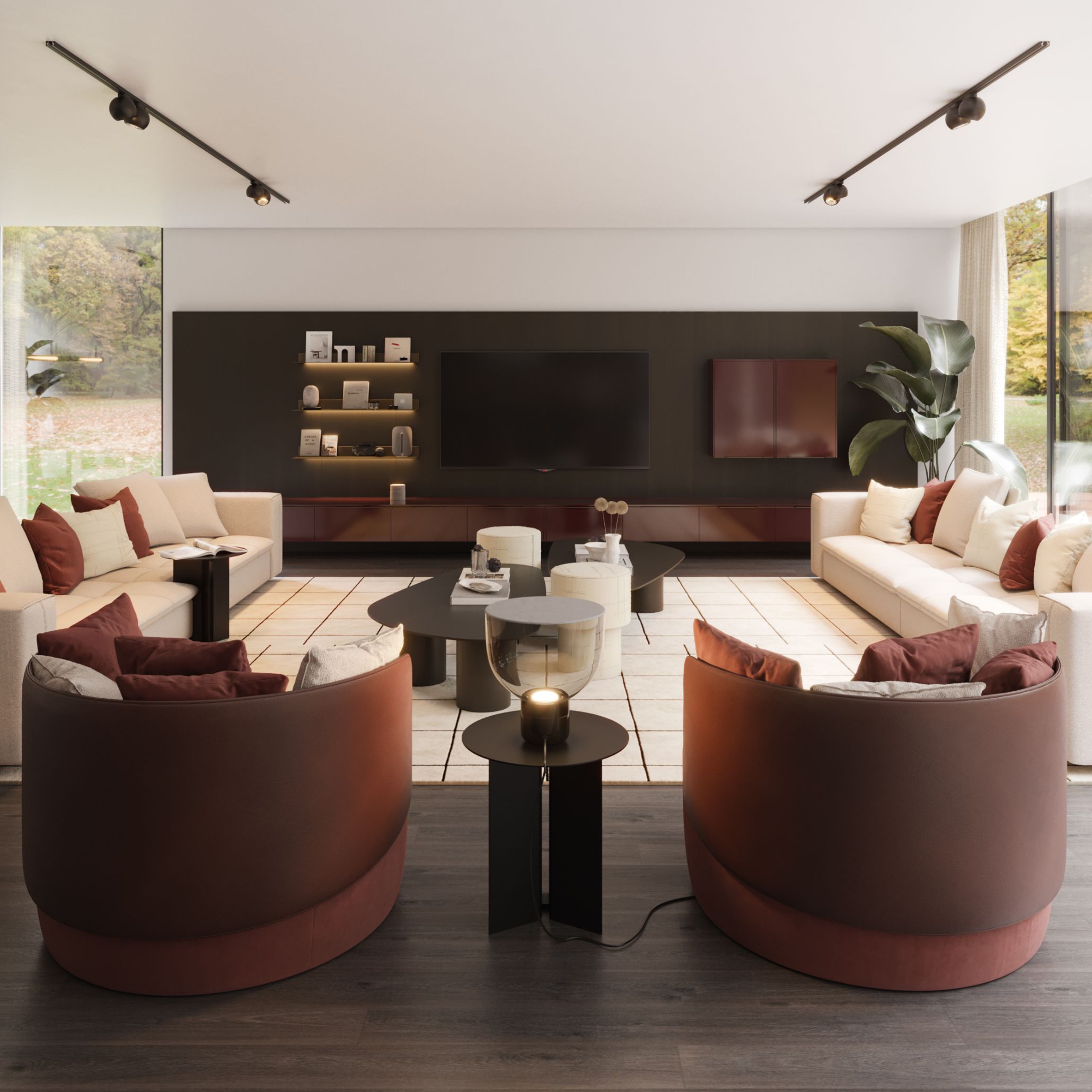 Cozy living room ideas showcasing warm minimalist interior design with terracotta and chocolate brown upholstery reflecting fall home decor trends.