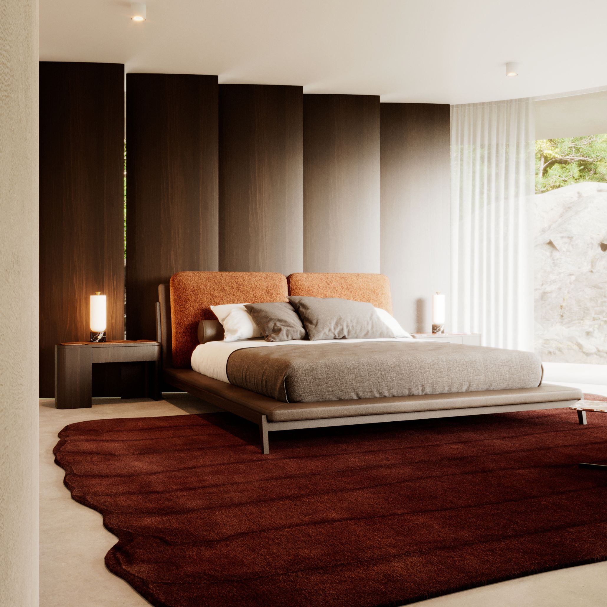 Warm interior design bedroom featuring modern luxury furniture, rich burgundy and terracotta upholstery, aligning with fall interior decor ideas.