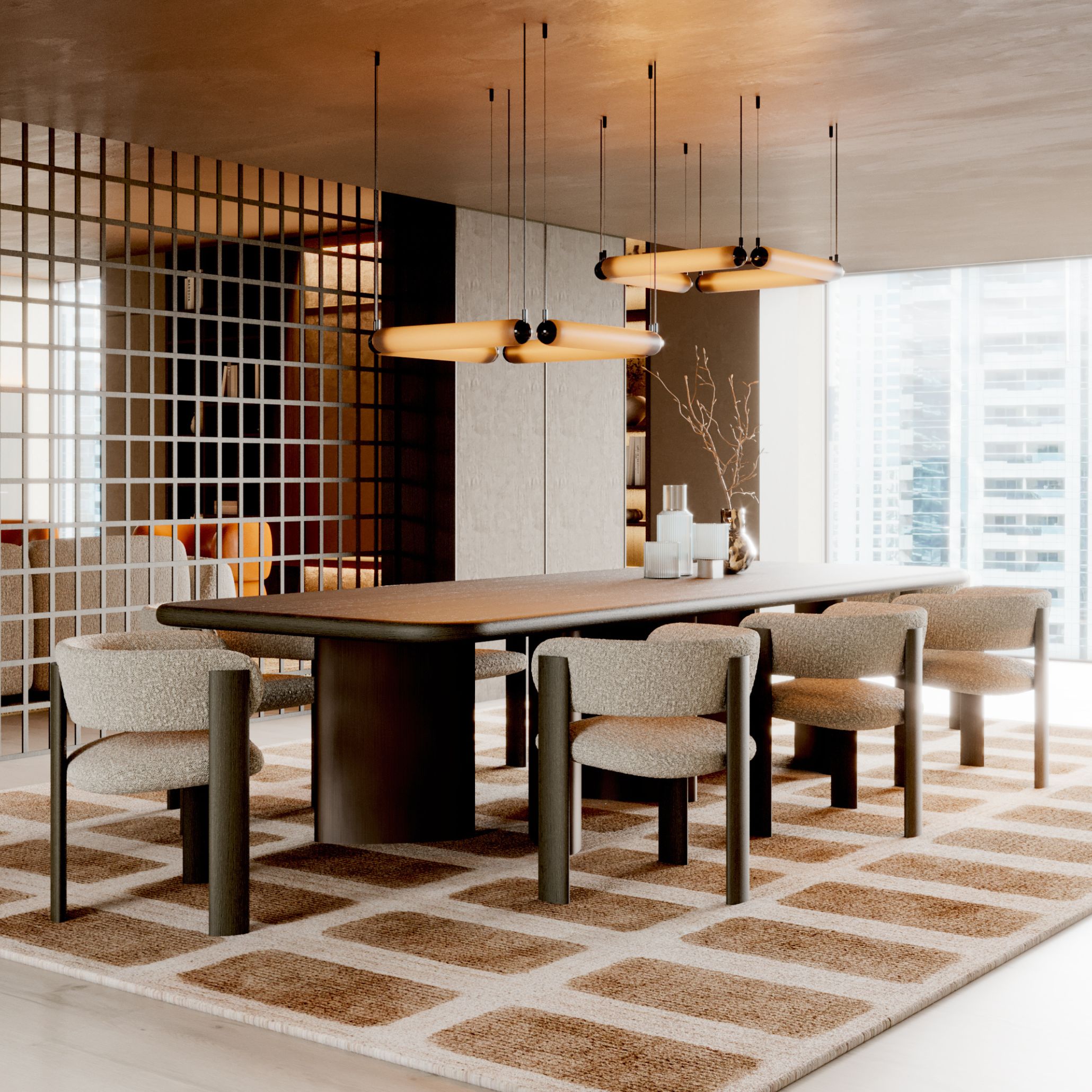 Elegant dining room featuring a solid wood dining table and modern luxury furniture, reflecting warm interior design trends and fall home decor ideas.