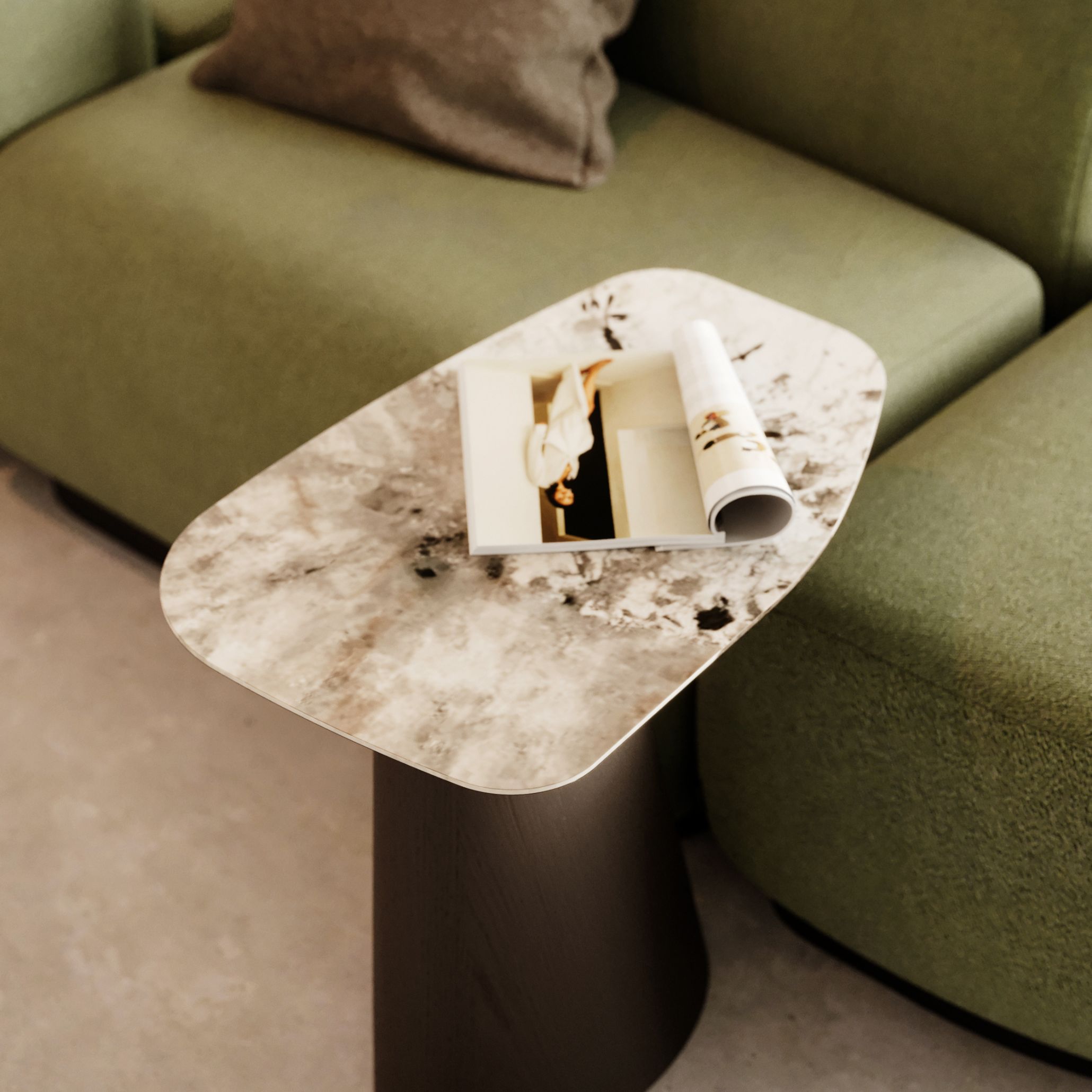 Close-up of a marble and wood side table showcasing natural textures, embodying warm minimalist interior design and cozy interior design ideas.