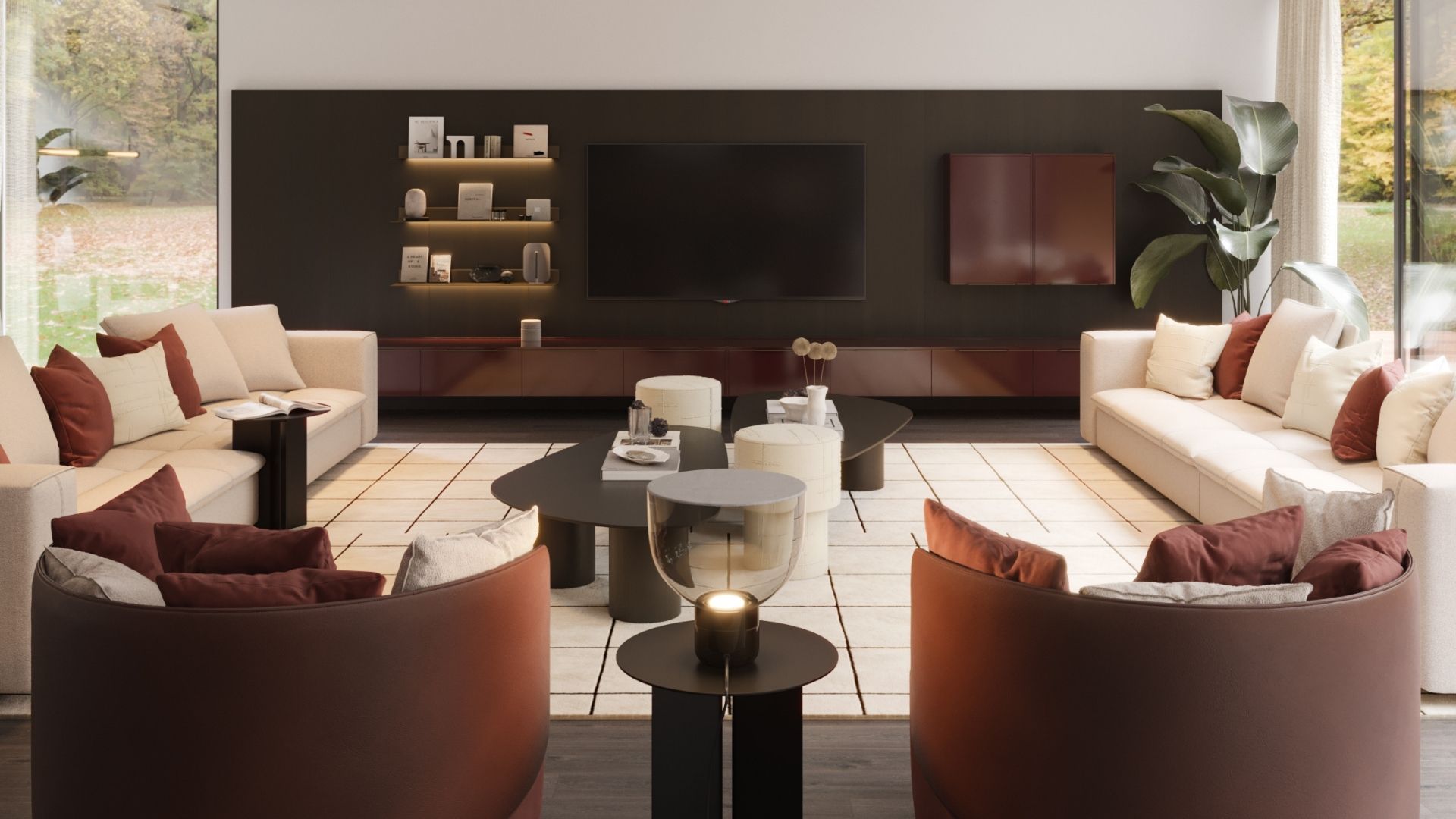 Warm minimalist interior design showcasing cozy living room ideas, layered textures, and modern luxury furniture with rich upholstery.