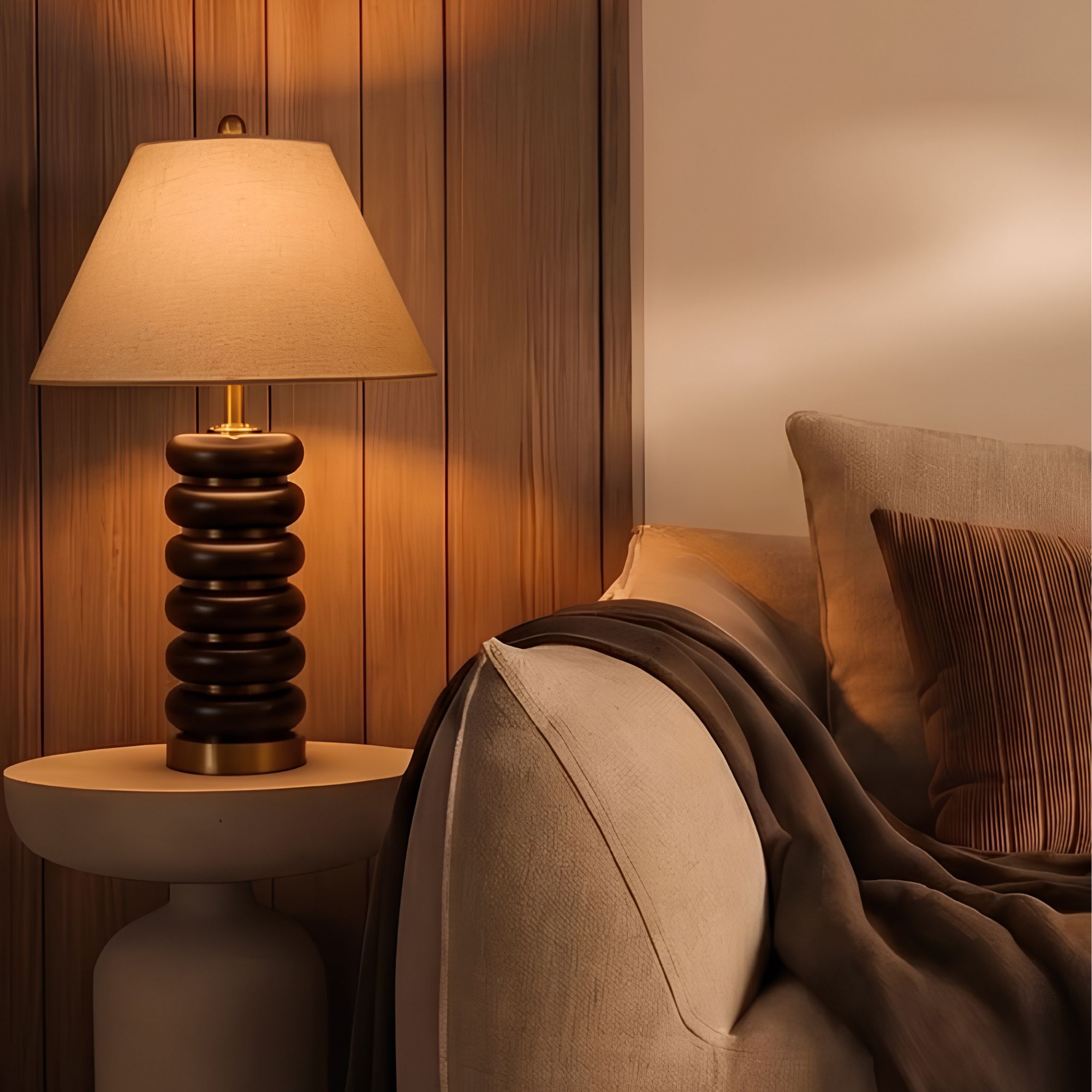 Warm interior design featuring a table lamp resting on a bedside table beside an upholstered sofa with a throw blanket, creating an intimate atmosphere for fall home decor trends.
