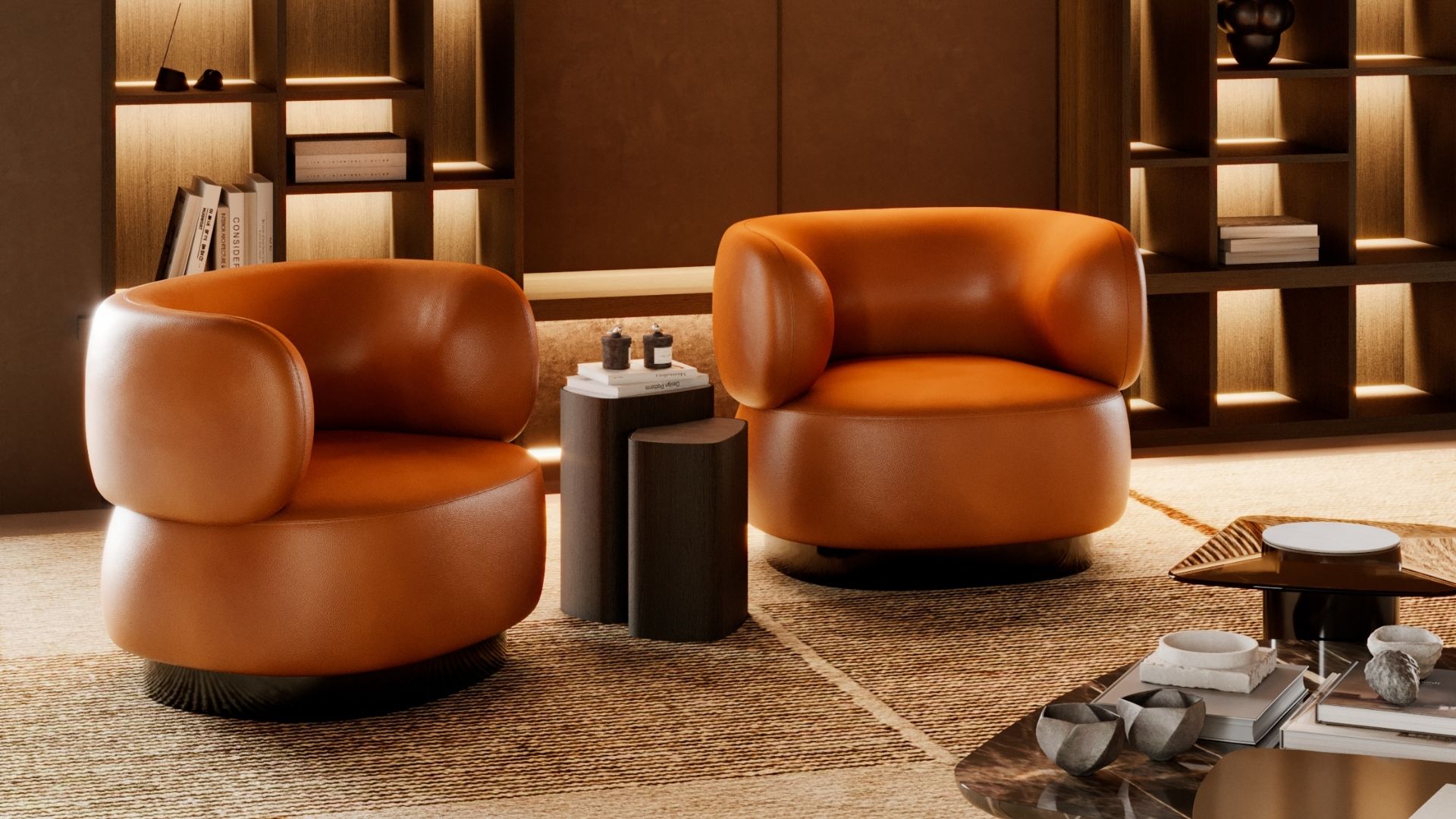 Warm minimalist interior design featuring a pair of cognac leather Dolomites armchairs paired with dark wood side tables and ambient shelving lighting, capturing cozy living room ideas for fall.