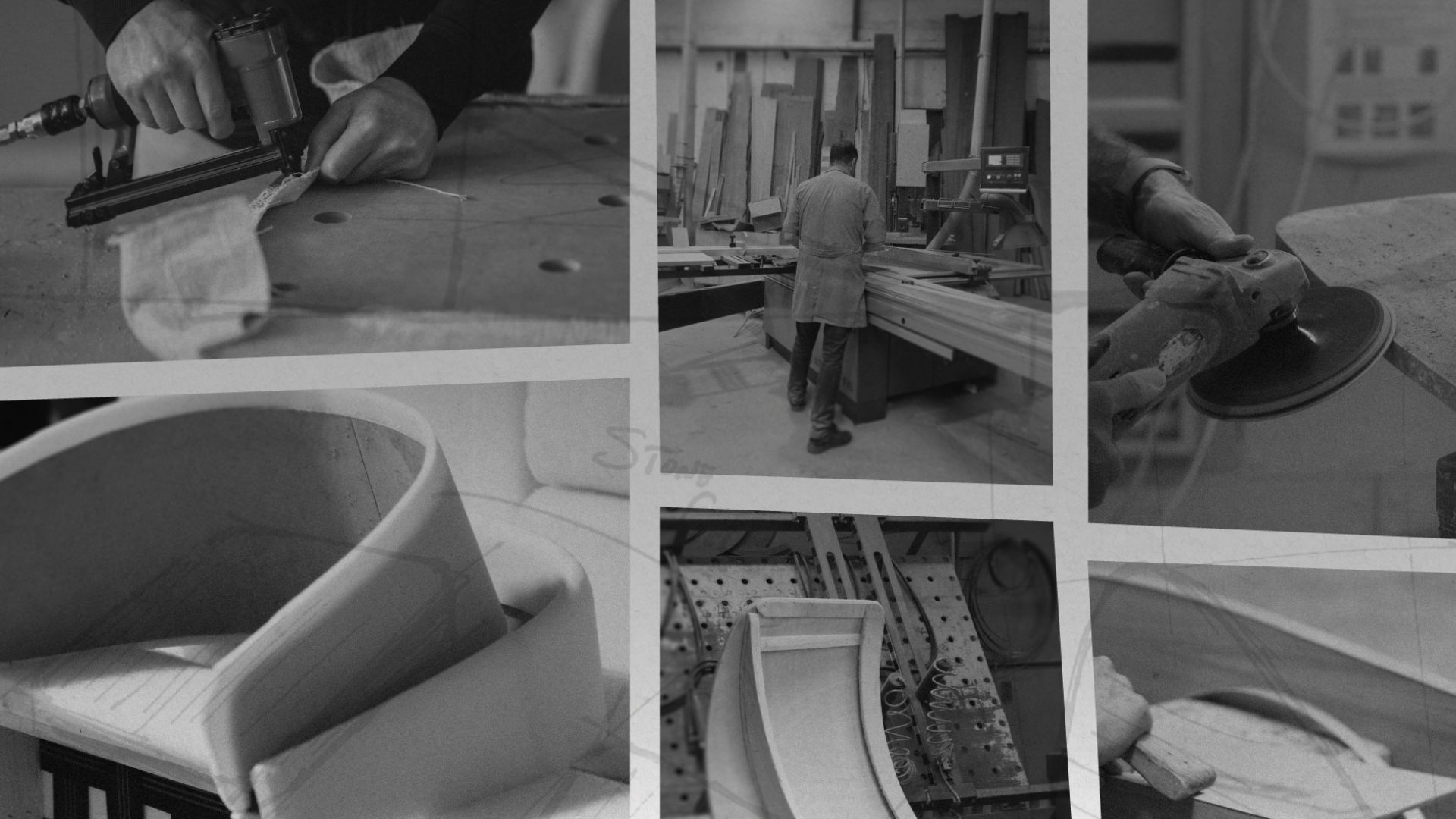 A monochrome photo collage capturing behind-the-scenes artisan craftsmanship in a woodworking and upholstery workshop. The images detail hand upholstery work, sanding, shaping wooden frames, and precision machinery, highlighting the best handmade techniques behind handmade furniture and luxury handmade furniture.
