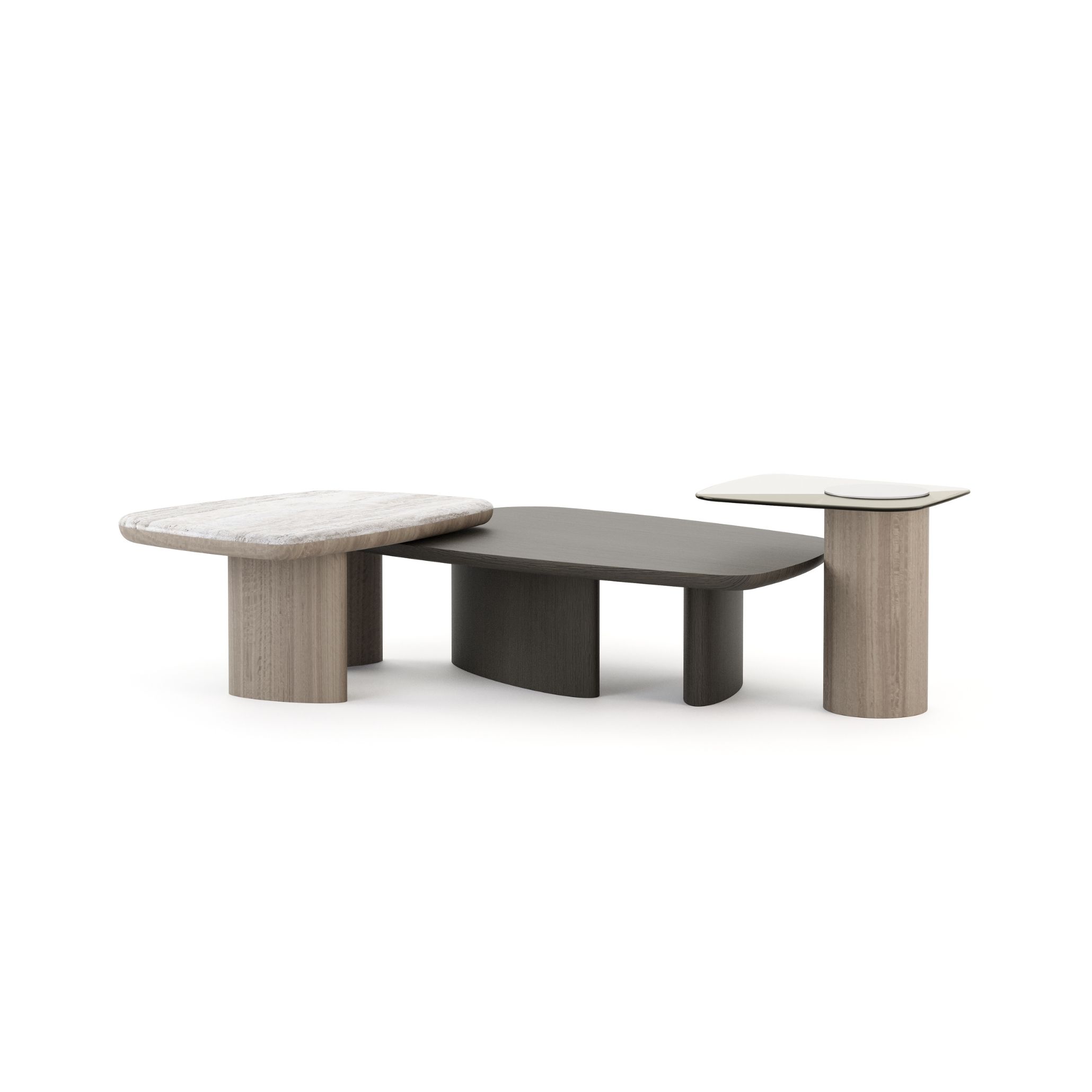 Dolomites Coffee Table set against a white background. The design combines varying heights, rich wood, and a refined marble top in an asymmetrical, organic composition, making it an ideal luxury coffee table and luxury center table for contemporary living spaces.