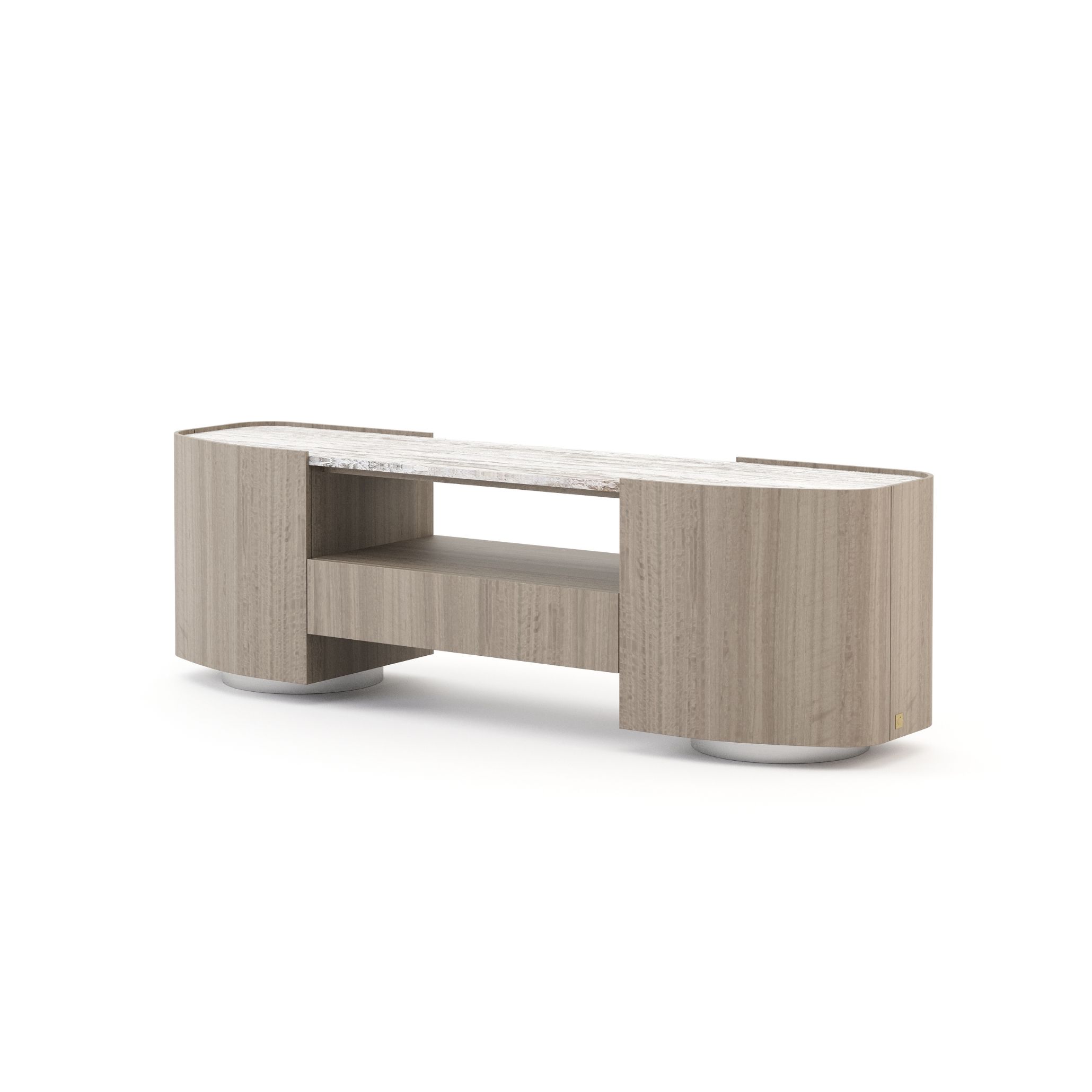Stylish Club's Stone Low Console isolated on a plain white background. Featuring rounded wood side cabinets, open central shelving, and a refined marble top, this unit provides elevated casegoods furniture and a luxury console table solution for living spaces.