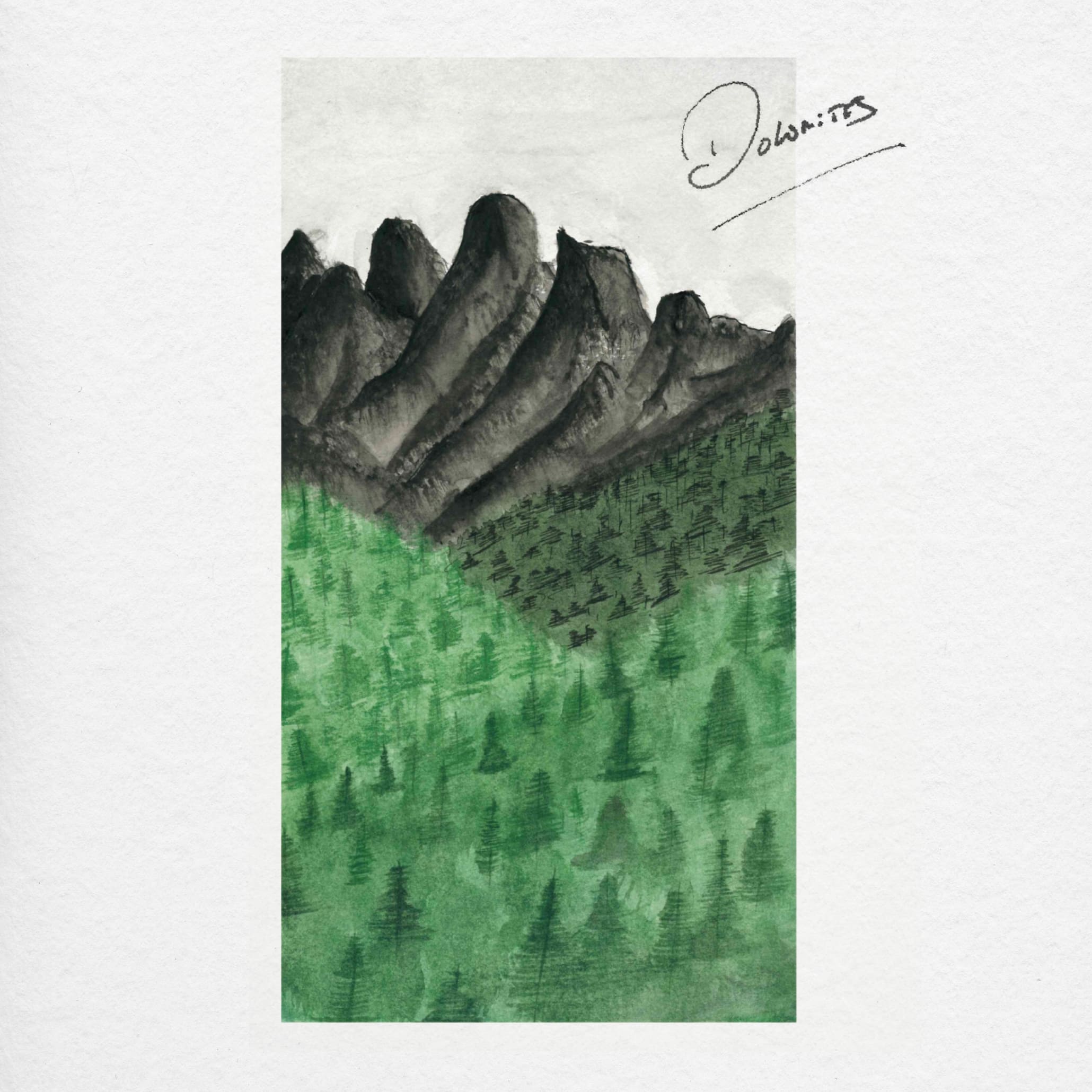 Watercolor illustration of mountain peaks and green pine forest, serving as interior design inspiration and organic design details for contemporary furniture and custom furniture.