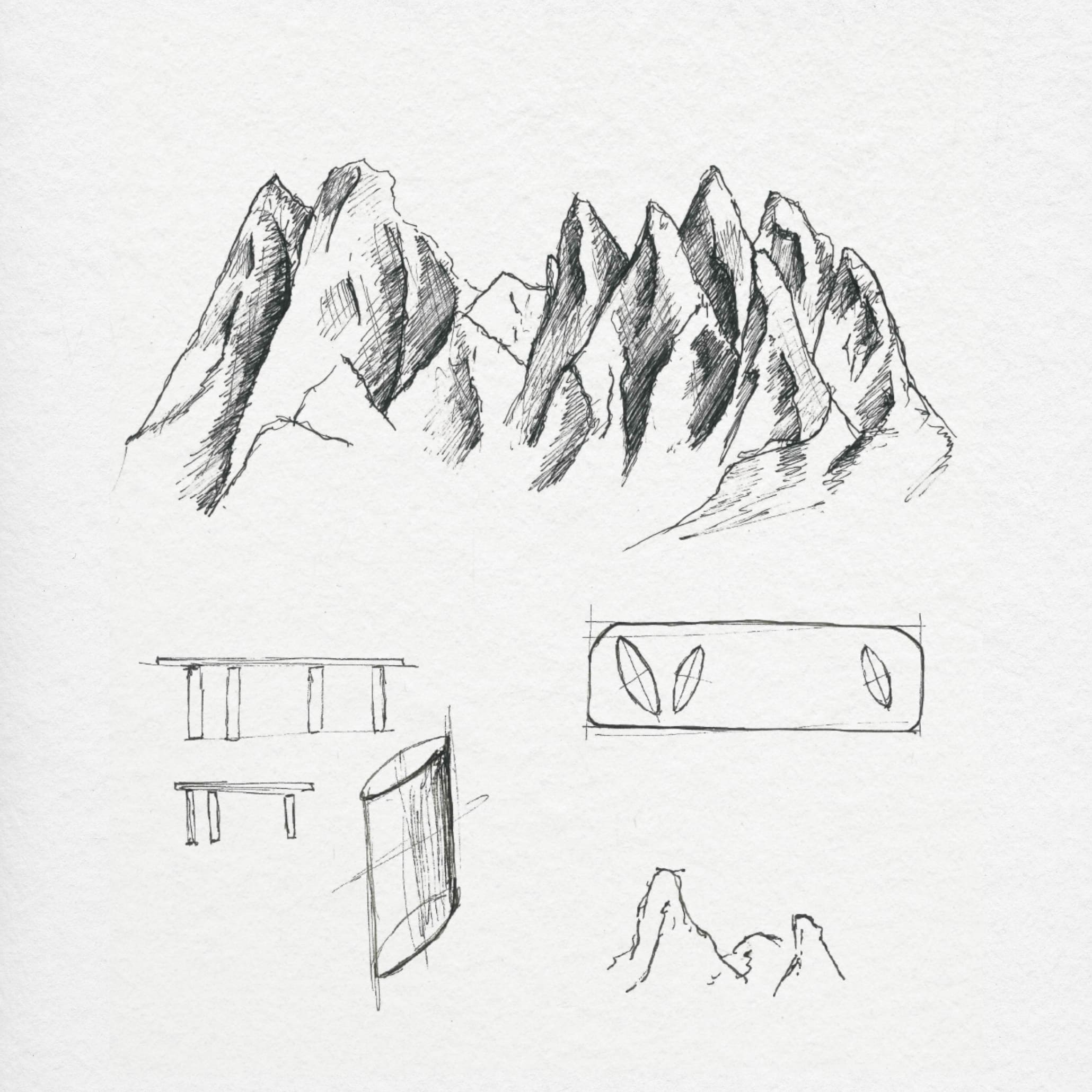 Design sketches illustrating mountain formations paired with structural base details for a luxury console table, translating nature into contemporary furniture and modern furniture.