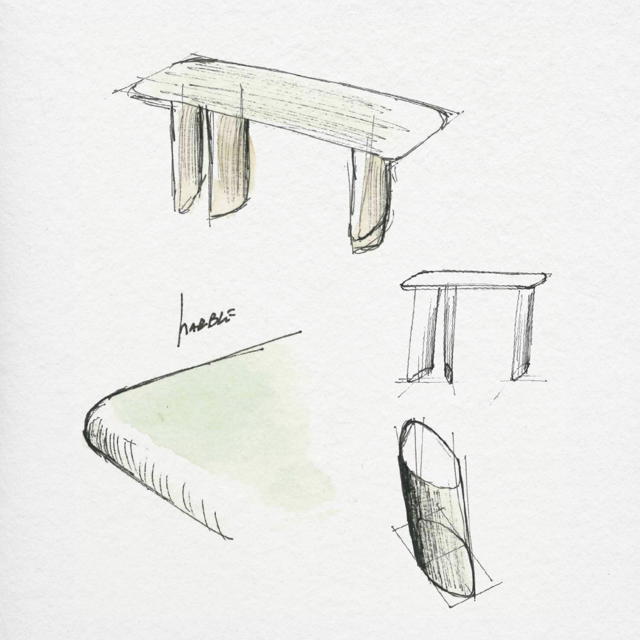 Architectural sketches showcasing the curved leg geometry and refined marble top of a luxury console table, highlighting contemporary table design for modern living room tables.