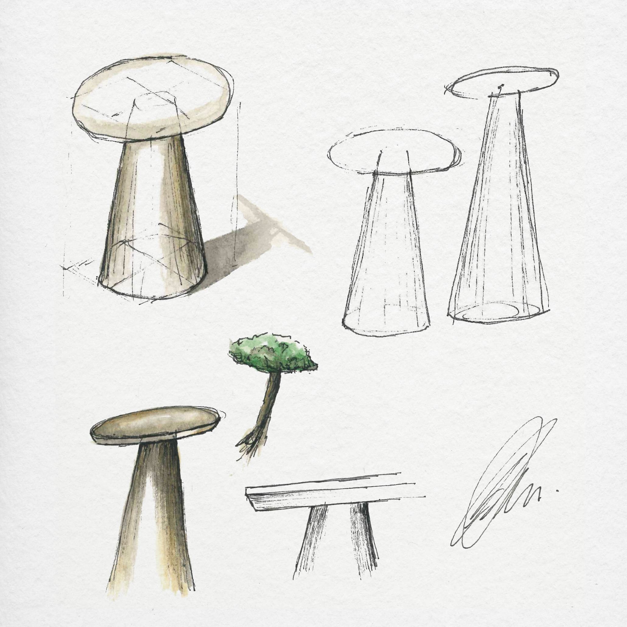 Shaded concept sketches showing the tapered wood bases and tabletop surfaces of the Olivier Side Tables, highlighting handmade furniture crafting and modern table design for luxury furniture.