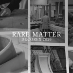 Monochrome photo collage for Rare Matter Decorex 2026 showing artisans crafting handmade furniture, focusing on fine design details and traditional woodworking techniques to create bespoke furniture.