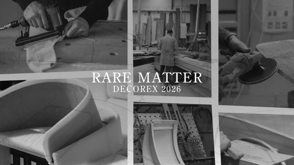 Monochrome photo collage for Rare Matter Decorex 2026 showing artisans crafting handmade furniture, focusing on fine design details and traditional woodworking techniques to create bespoke furniture.